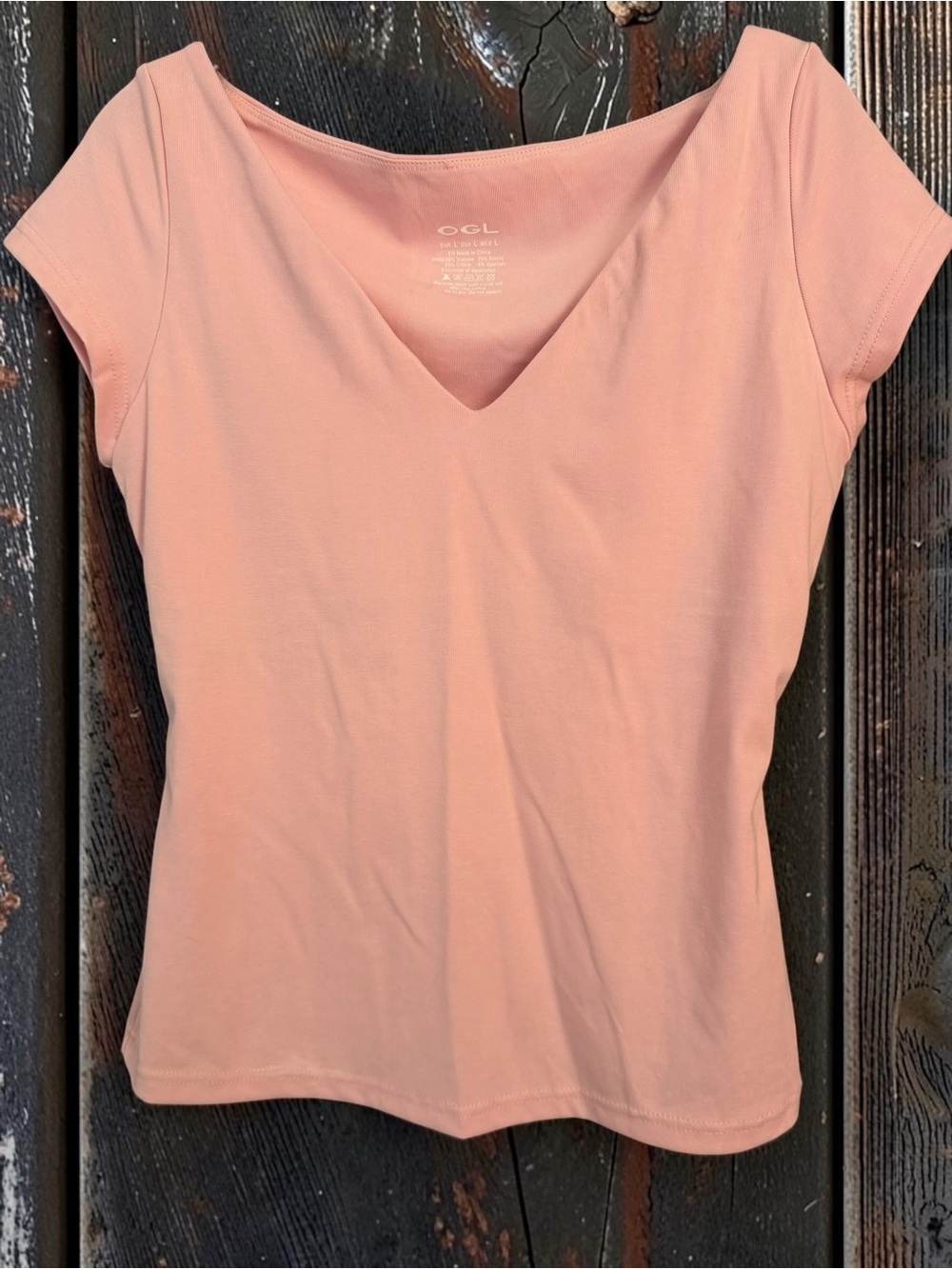 OGL Ribbed V Neck Cap Sleeve Top Large Peach Pink Basic Everyday Tee